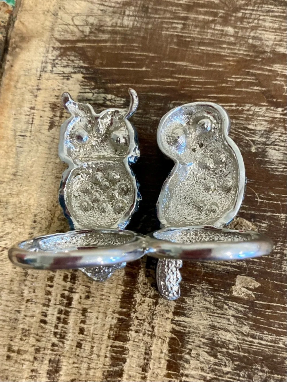Double Owl Ring with Black Accents Silver Tone